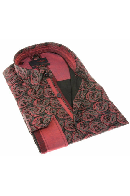 Black Paisley Button Down Shirt W/Trim H-1827 Long Sleeve Button Down EightX   