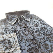 Denim Button Down Shirt W/ Floral Flocking Long Sleeve Button Down EightX   