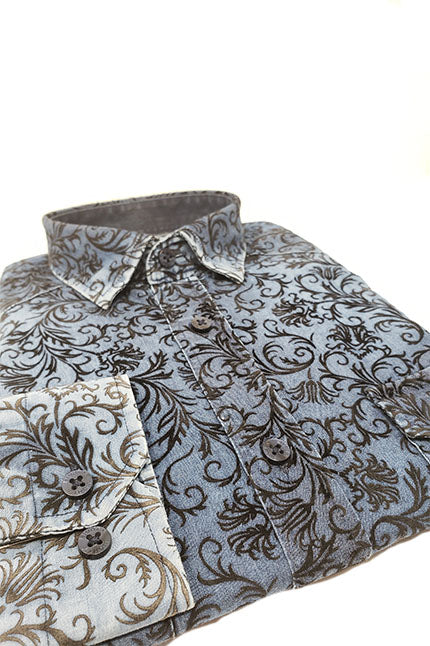 Denim Button Down Shirt W/ Floral Flocking Long Sleeve Button Down EightX   